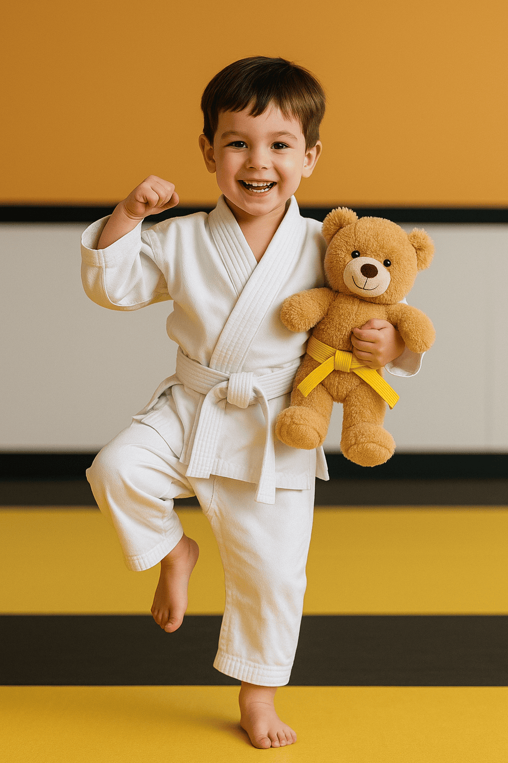 Child in martial arts gi with teddy bear